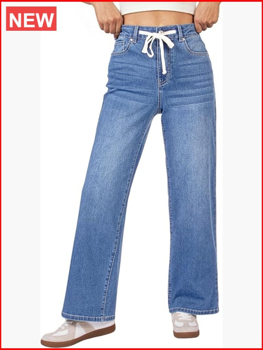 High Waisted Wide Leg Jeans with Drawstring Stretchy Denim Pants Relaxed Fit